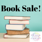 Stack of books with text that says 'Book Sale!'